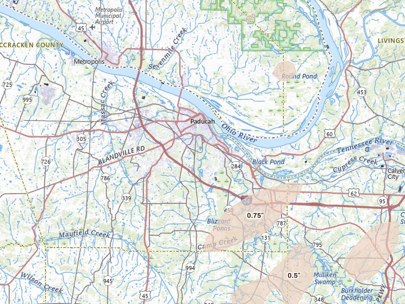 Radar-estimated hail-size map of the storm over Paducah, KY on May 19, 2026