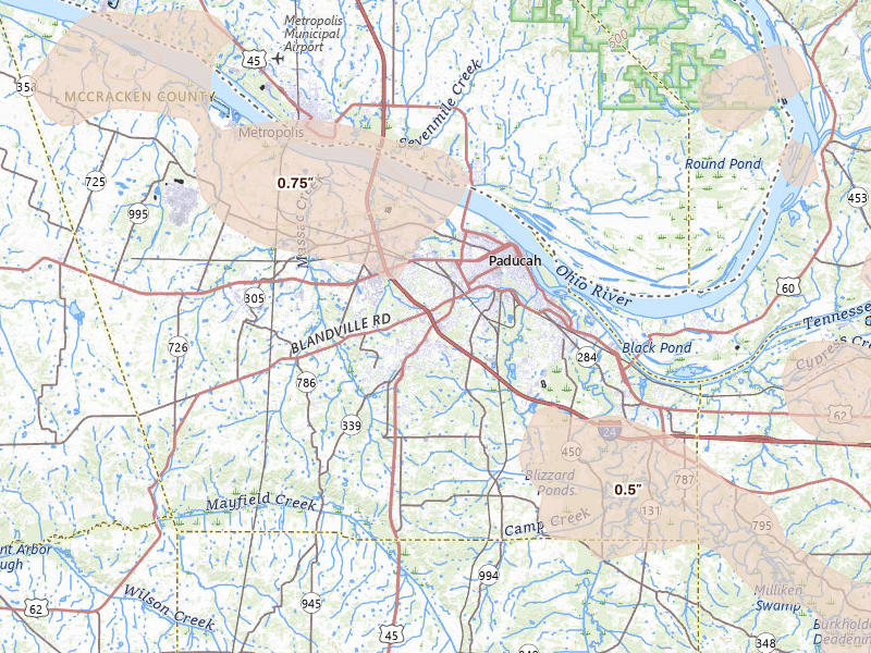 Radar-estimated hail-size map of the storm over Paducah, KY on May 31, 2026