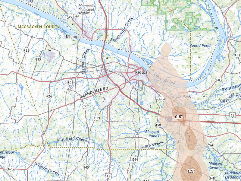 Radar-estimated hail-size map of the storm over Paducah, KY on Jul 2, 2026