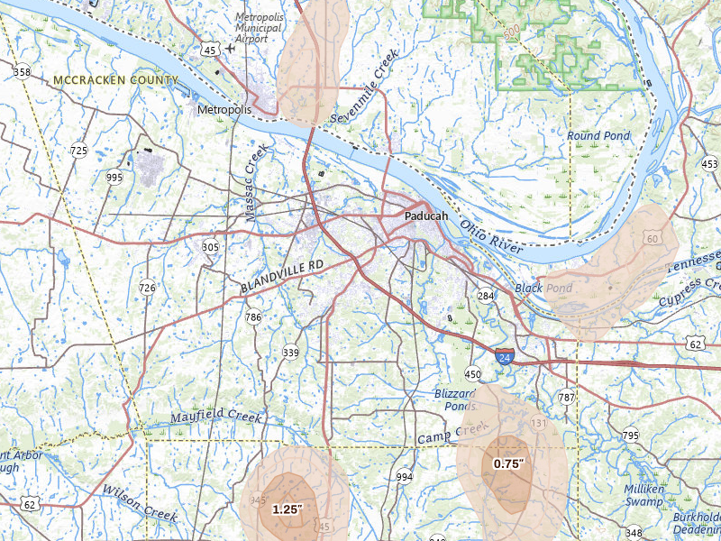 Radar-estimated hail-size map of the storm over Paducah, KY on Jul 3, 2026