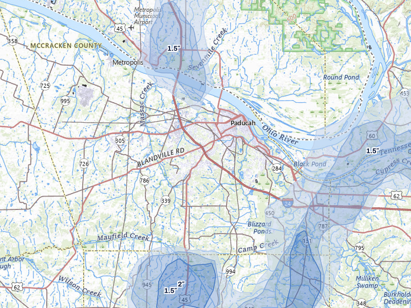 NEXRAD radar-signature map of the hail storm over Paducah, KY on Jul 3, 2026