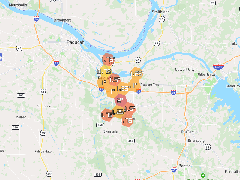 Hail map of Paducah, KY on Jul 3, 2026, hail up to 2"