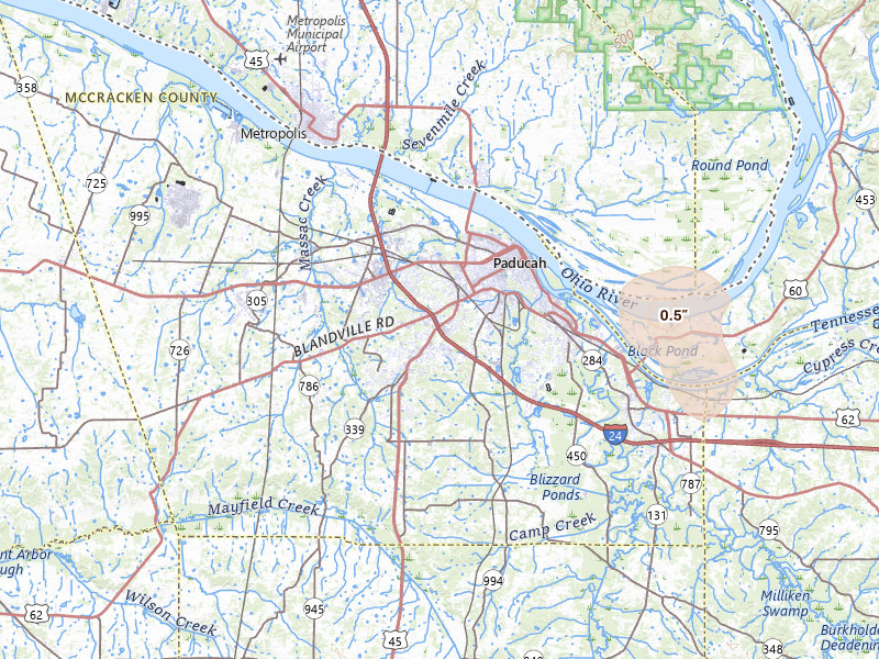 Radar-estimated hail-size map of the storm over Paducah, KY on Jul 5, 2026