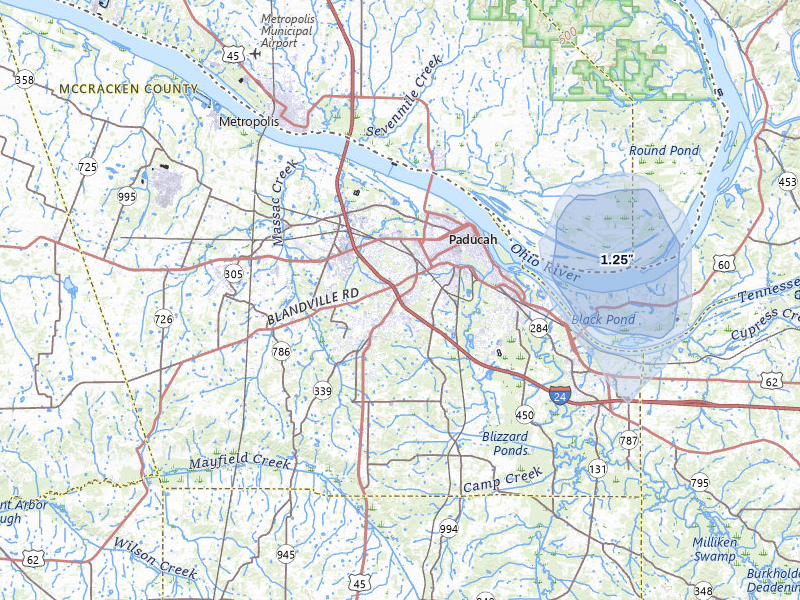 NEXRAD radar-signature map of the hail storm over Paducah, KY on Jul 5, 2026