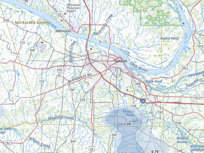 NEXRAD radar-signature map of the hail storm over Paducah, KY on Jul 8, 2026