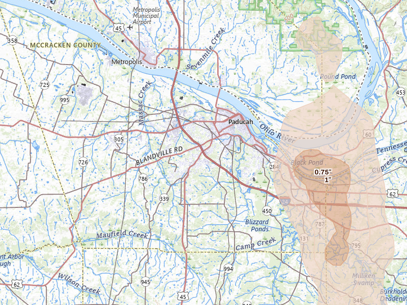 Radar-estimated hail-size map of the storm over Paducah, KY on Jul 26, 2026