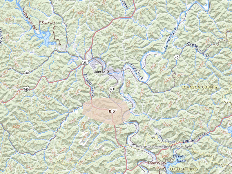 Radar-estimated hail-size map of the storm over Paintsville, KY on Sep 5, 2026