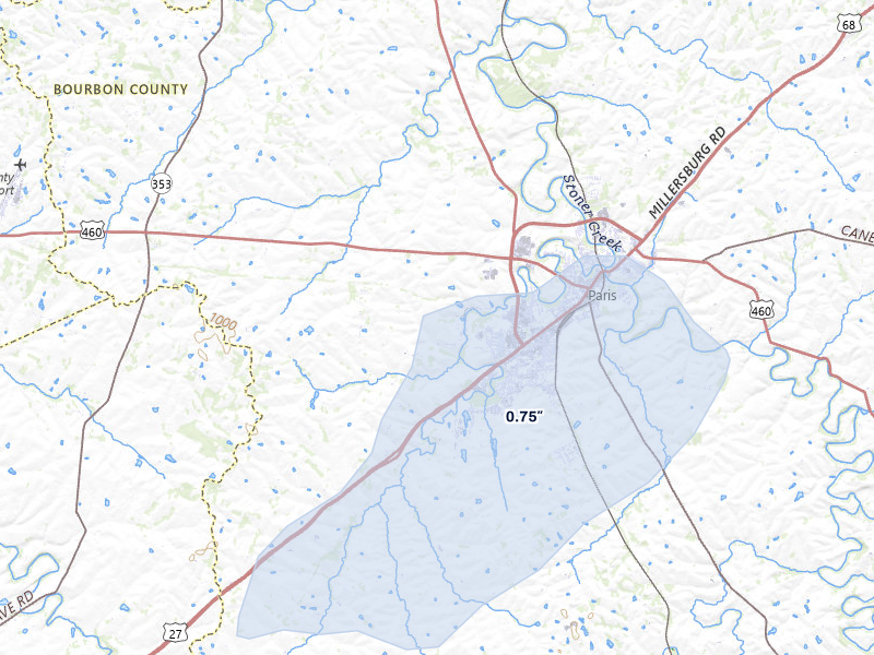 NEXRAD radar-signature map of the hail storm over Paris, KY on Mar 4, 2026