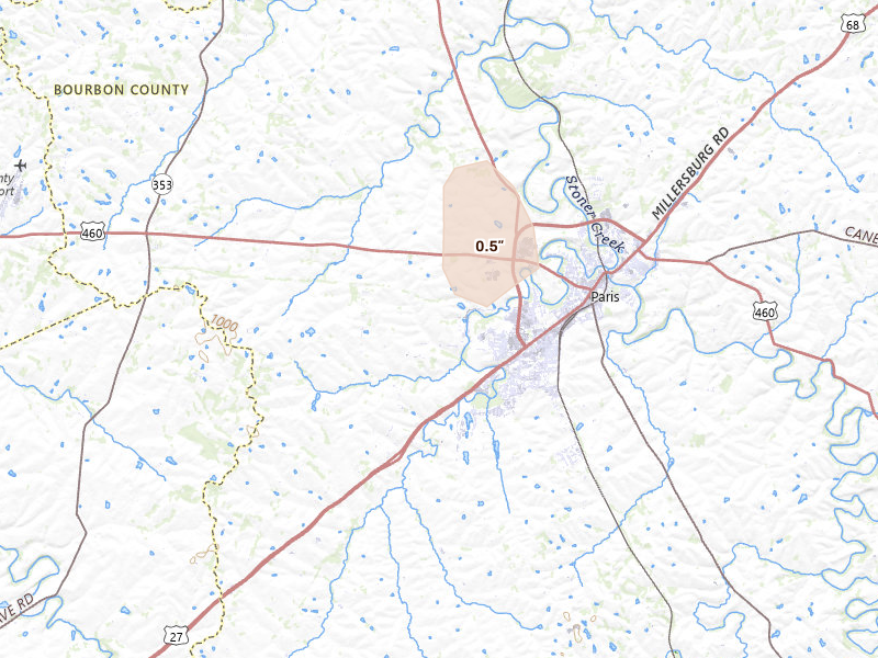 Radar-estimated hail-size map of the storm over Paris, KY on Jul 6, 2026