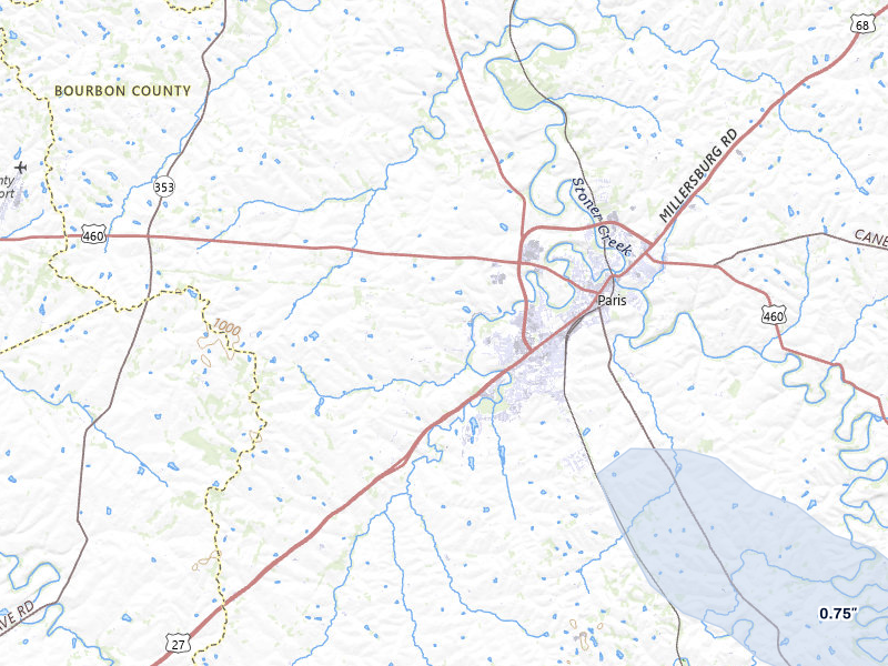 NEXRAD radar-signature map of the hail over Paris, KY
