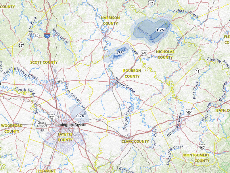 NEXRAD radar-signature map of the hail storm over Paris, KY on Aug 5, 2026
