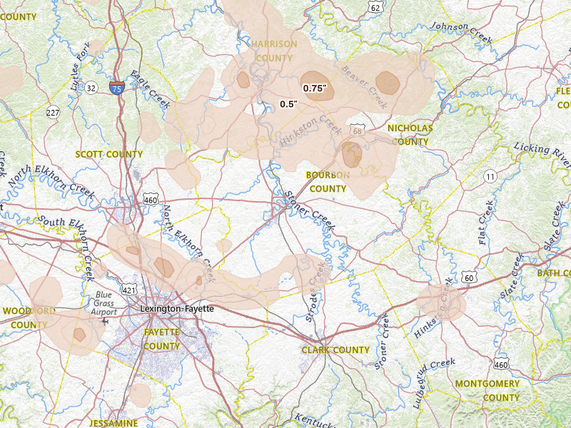 Radar-estimated hail-size map of the storm over Paris, KY on Aug 11, 2026