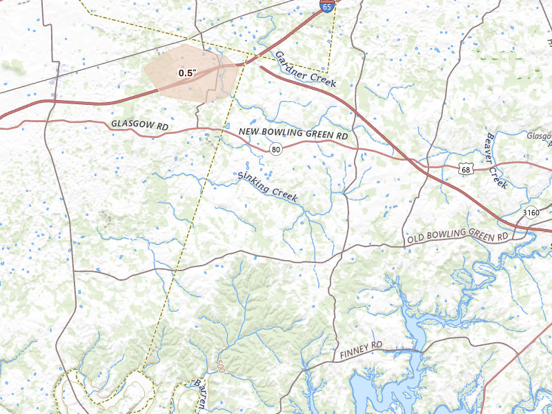 Radar-estimated hail-size map of the storm over Park City, KY on Jul 10, 2026