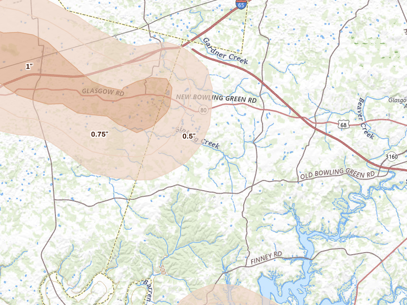 Radar-estimated hail-size map of the storm over Park City, KY on Jul 11, 2026