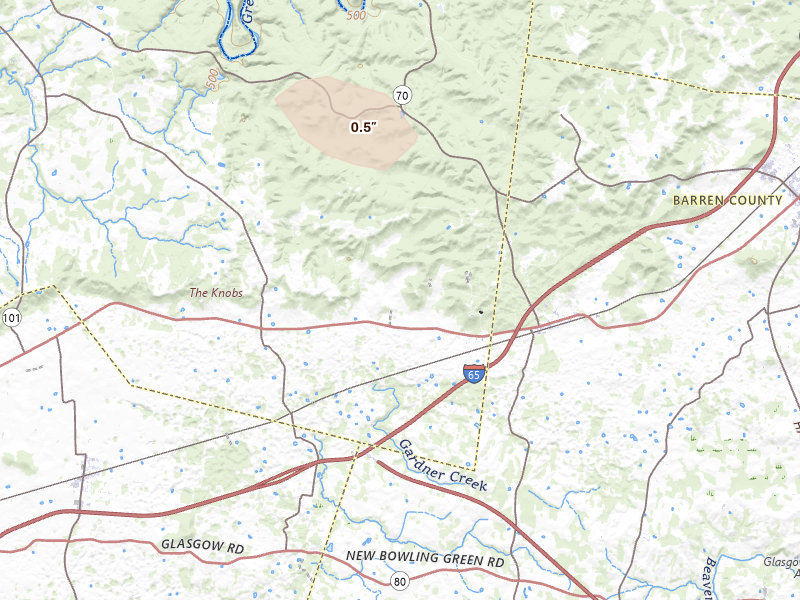 Radar-estimated hail-size map of the storm over Park City, KY on Aug 12, 2026