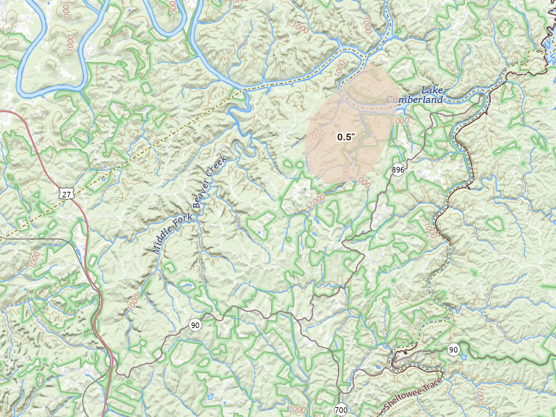 Radar-estimated hail-size map of the storm over Parkers Lake, KY on Aug 1, 2026