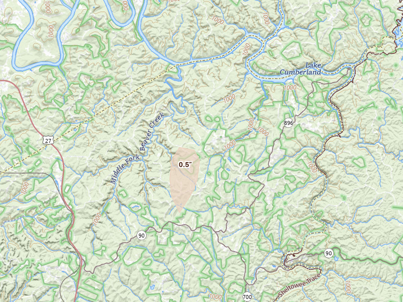 Radar-estimated hail-size map of the storm over Parkers Lake, KY on Aug 6, 2026