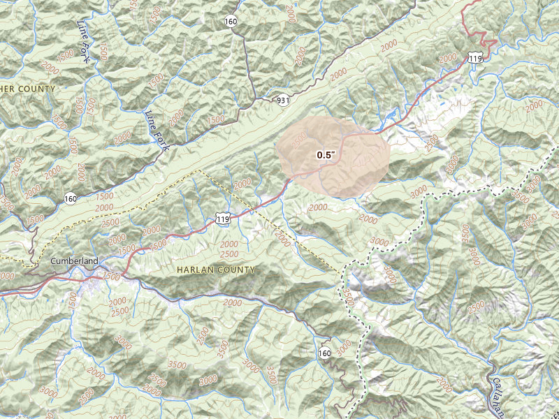 Radar-estimated hail-size map of the storm over Partridge, KY on Jul 6, 2026
