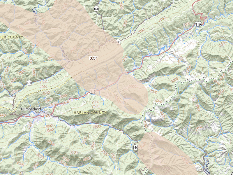 Radar-estimated hail-size map of the storm over Partridge, KY on Aug 22, 2026