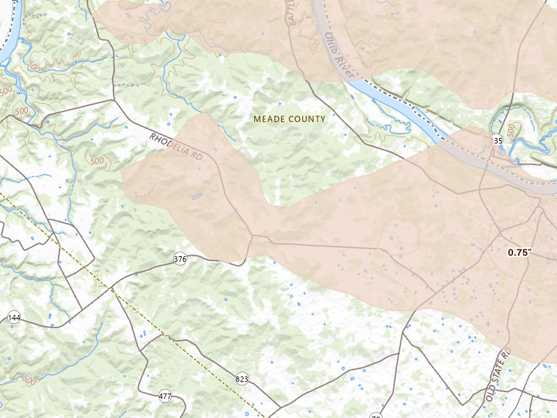 Radar-estimated hail-size map of the storm over Payneville, KY on Jul 21, 2026