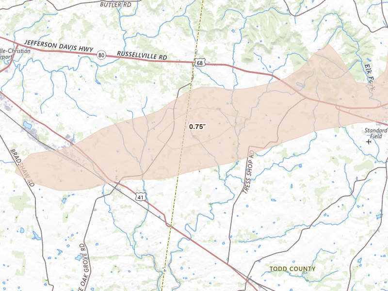 Radar-estimated hail-size map of the storm over Pembroke, KY on Apr 27, 2026