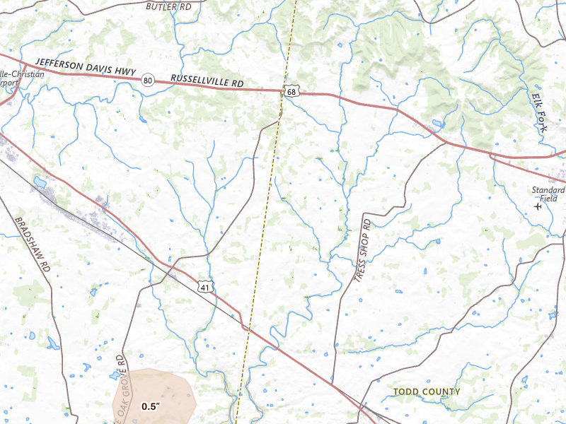 Radar-estimated hail-size map of the storm over Pembroke, KY on Jul 3, 2026