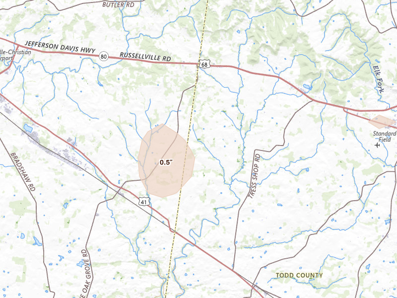 Radar-estimated hail-size map of the storm over Pembroke, KY on Jul 5, 2026