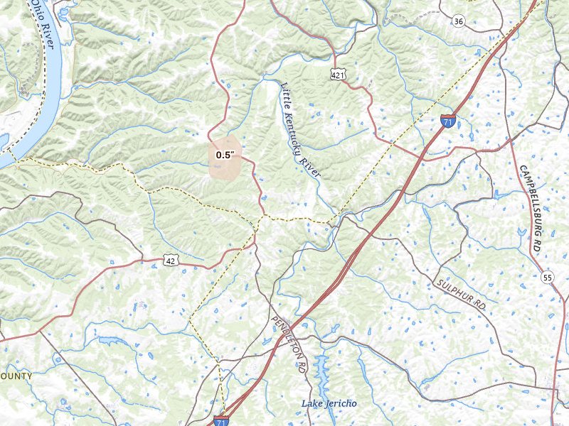 Radar-estimated hail-size map of the storm over Pendleton, KY on Apr 27, 2026