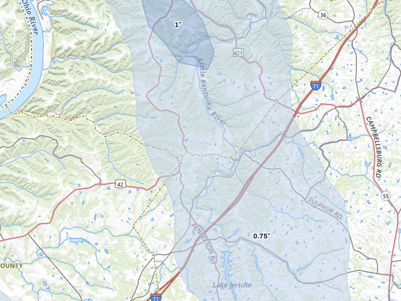 NEXRAD radar-signature map of the hail storm over Pendleton, KY on Jul 27, 2026