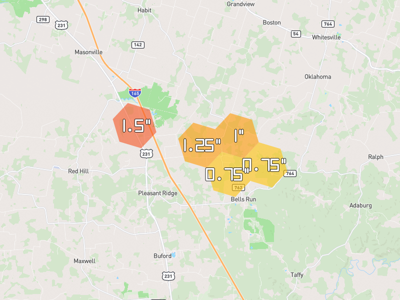 Hail map of Philpot, KY on Jul 9, 2026, hail up to 1.5"