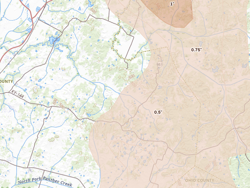 Radar-estimated hail-size map of the storm over Philpot, KY on Aug 12, 2026