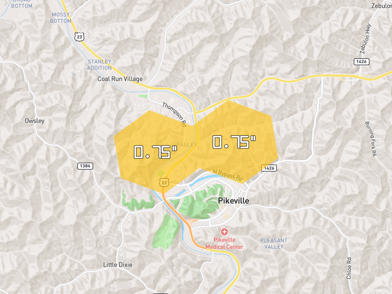 Hail map of Pikeville, KY on Jul 4, 2026, hail up to 0.75"