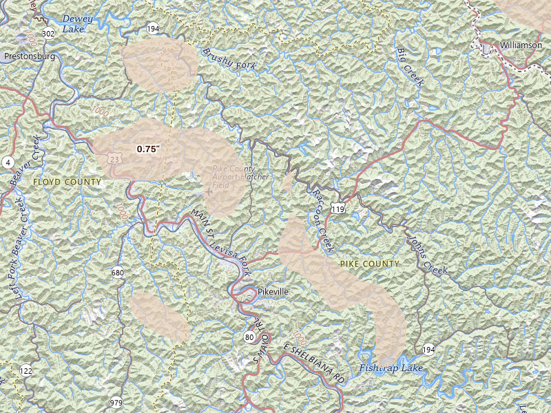 Radar-estimated hail-size map of the storm over Pikeville, KY on Aug 11, 2026