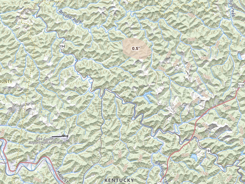Radar-estimated hail-size map of the storm over Pikeville, KY on Aug 14, 2026