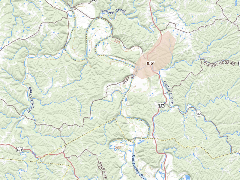 Radar-estimated hail-size map of the storm over Pleasureville, KY on Jul 3, 2026