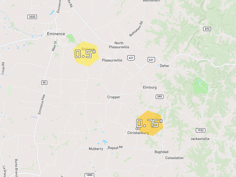 Hail map of Pleasureville, KY on Jul 28, 2026, hail up to 0.75"