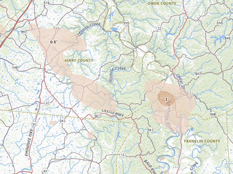 Radar-estimated hail-size map of the storm over Pleasureville, KY on Sep 4, 2026