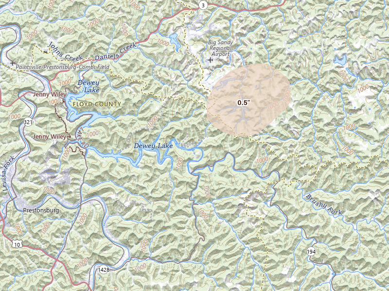 Radar-estimated hail-size map of the storm over Prestonsburg, KY on Apr 1, 2026