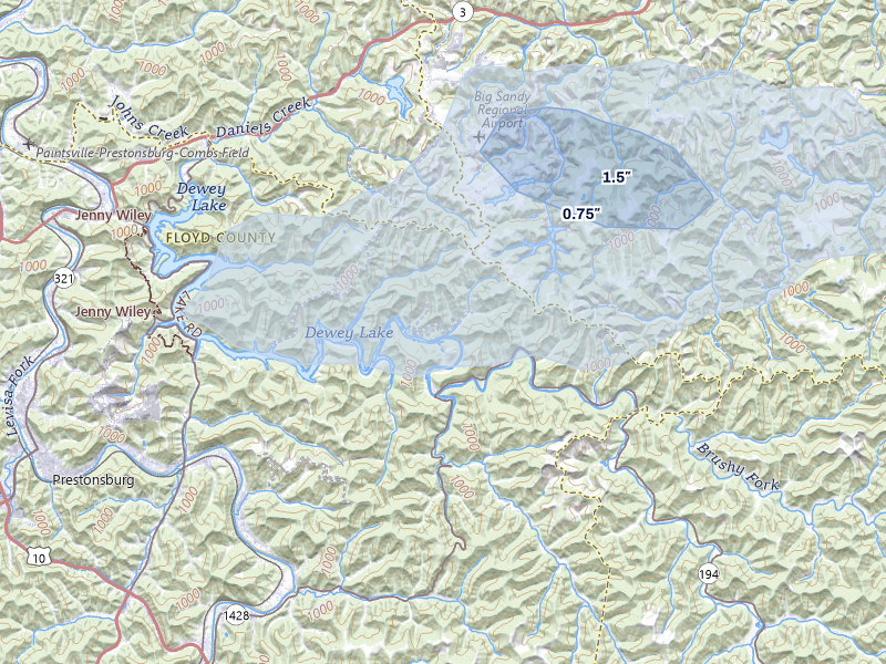 NEXRAD radar-signature map of the hail storm over Prestonsburg, KY on Apr 1, 2026