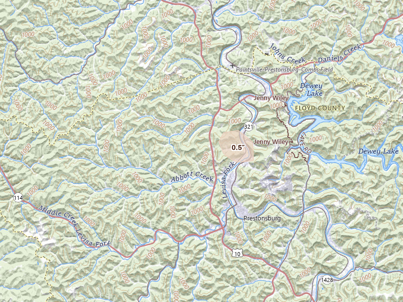 Radar-estimated hail-size map of the storm over Prestonsburg, KY on Aug 15, 2026