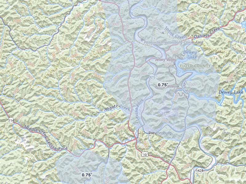 NEXRAD radar-signature map of the hail storm over Prestonsburg, KY on Aug 15, 2026