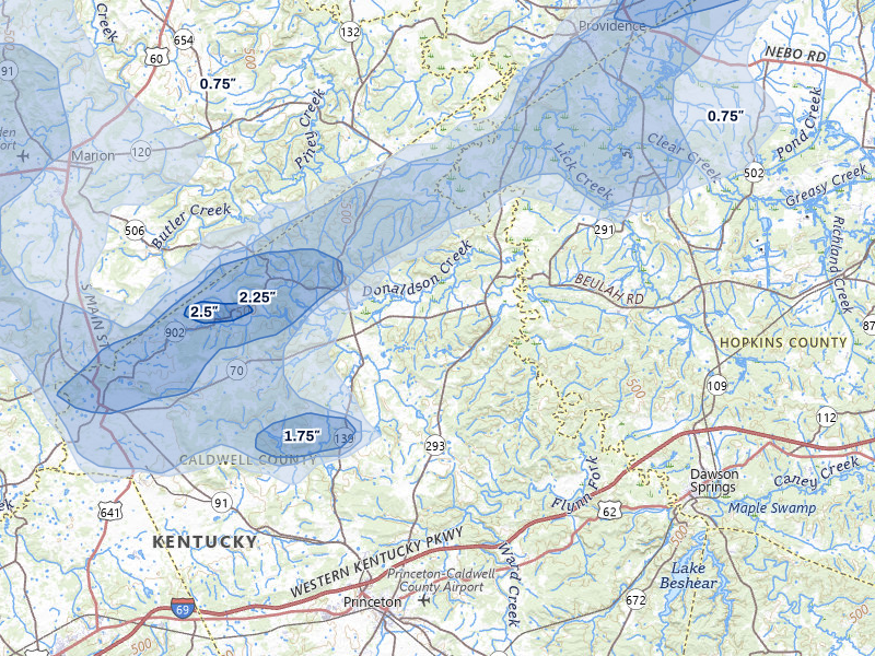 NEXRAD radar-signature map of the hail over Princeton, KY