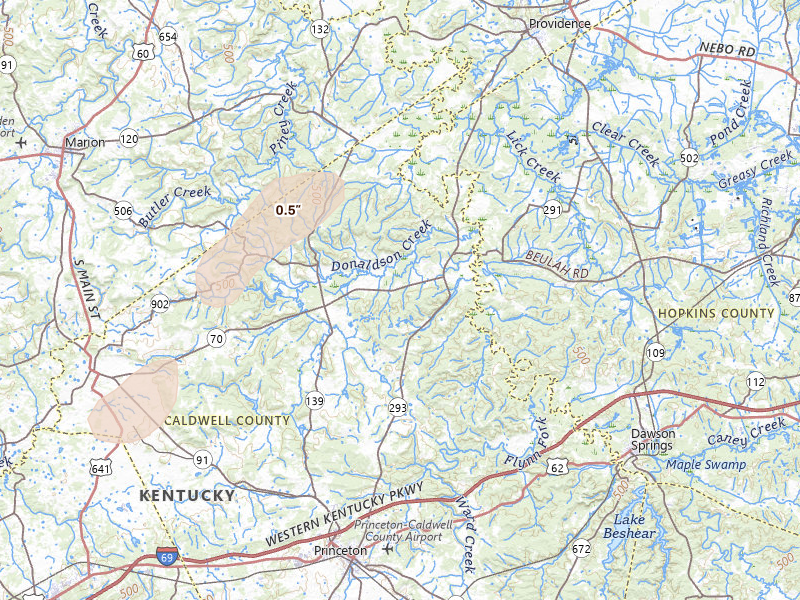 Radar-estimated hail-size map of the storm over Princeton, KY on May 19, 2026