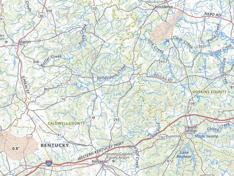 Radar-estimated hail-size map of the storm over Princeton, KY on Jul 4, 2026