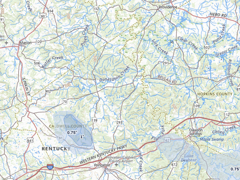 NEXRAD radar-signature map of the hail storm over Princeton, KY on Jul 5, 2026
