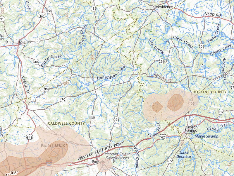 Radar-estimated hail-size map of the storm over Princeton, KY on Jul 9, 2026