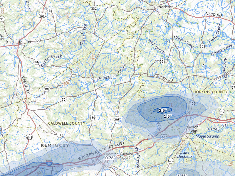 NEXRAD radar-signature map of the hail storm over Princeton, KY on Jul 9, 2026