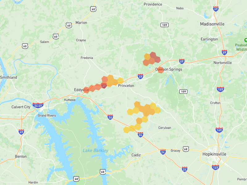Hail map of Princeton, KY on Jul 10, 2026, hail up to 2.5"
