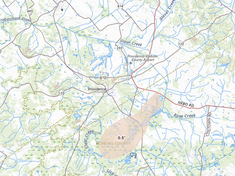 Radar-estimated hail-size map of the storm over Providence, KY on Jul 4, 2026