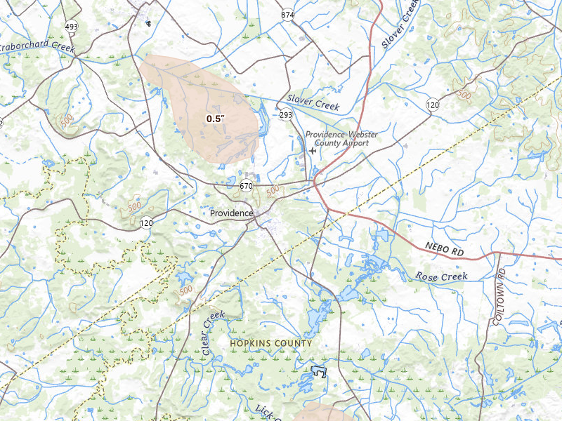 Radar-estimated hail-size map of the storm over Providence, KY on Jul 26, 2026